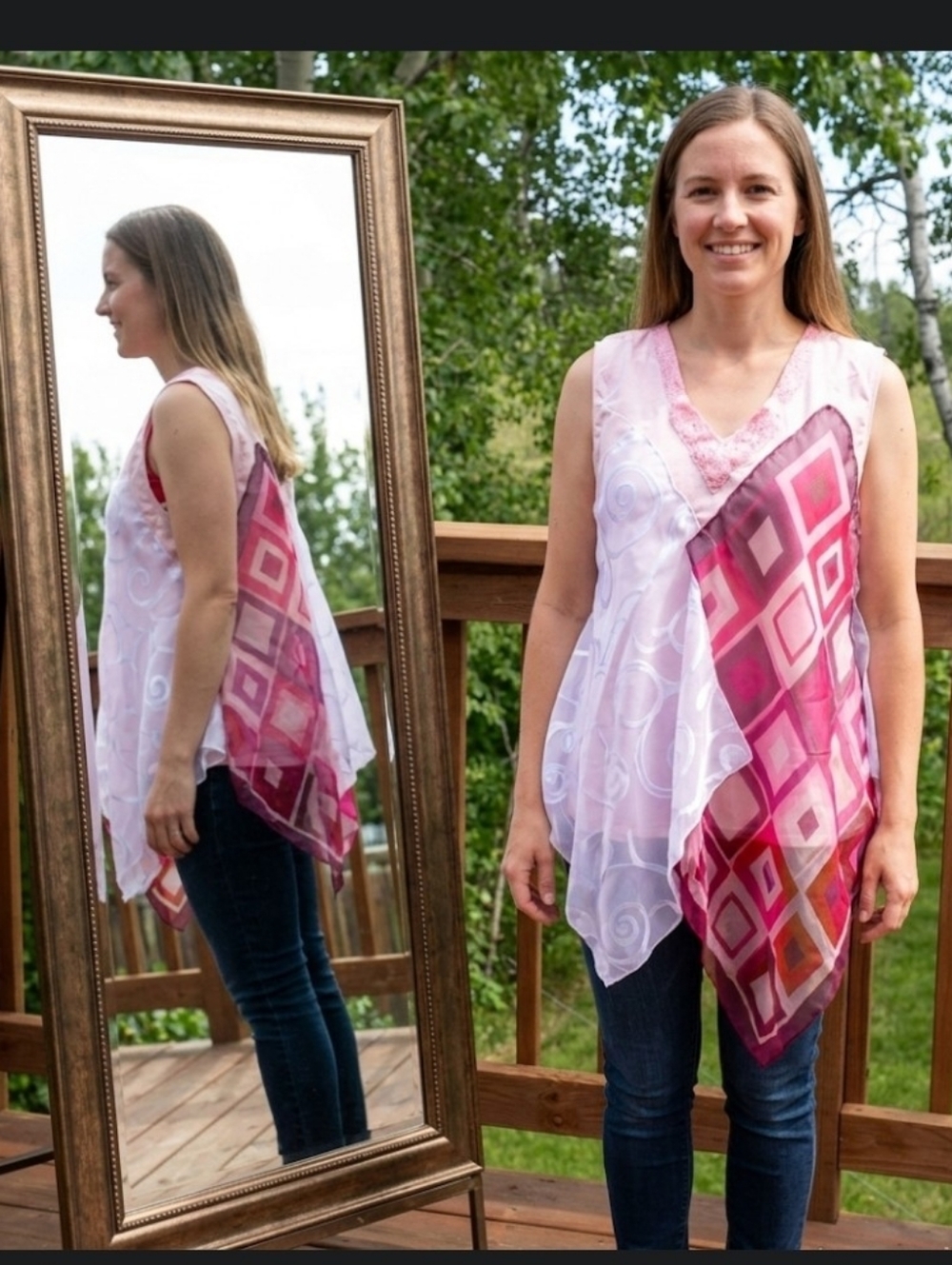 Artsy scarf tunic pink M upcycled festival original flowy fairy